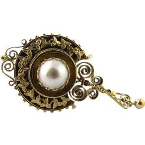 Victorian Etruscan Revival 14K Yellow Gold and Mabe Pearl Pin Pendant #364